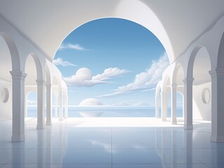 a white room with arches and a blue sky