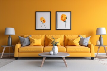 beige sofa with yellow pillows in modern living room.title. beige sofa with yellow pillows in modern living room
