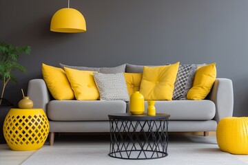 Beige sofa with yellow pillows and stylish accents in modern classic living room