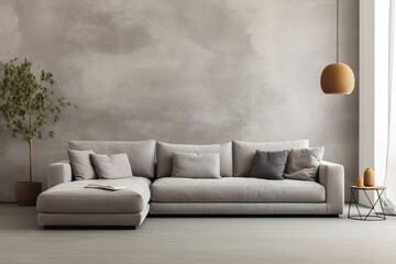 Contemporary gray sofa in a comfortable and inviting living room interior with stylish decor