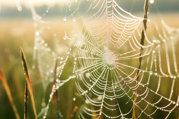 A spiderweb glistens with morning dew, its intricate pattern illuminated by the soft light of the sunrise, creating a mesmerizing macro view of nature's beauty.