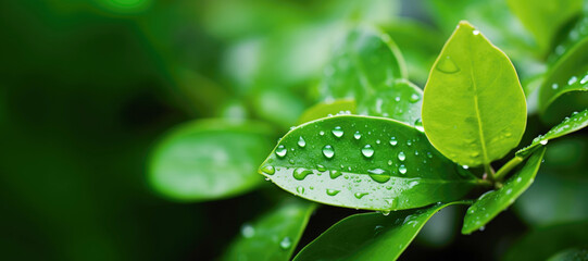 rain-kissed leaves glisten with droplets of water, their vibrant green hues and intricate details capturing the essence of nature's beauty in the spring season. - 748000055