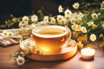 Against a backdrop of blooming chamomile flowers, a teacup brims with the herbal beverage, its antioxidant properties and natural remedy qualities making it a popular choice - obrazy, fototapety, plakaty