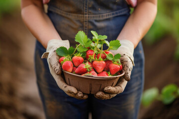 Farmer holding freshly harvested strawberries. Organic crop and agricultural business concept - obrazy, fototapety, plakaty
