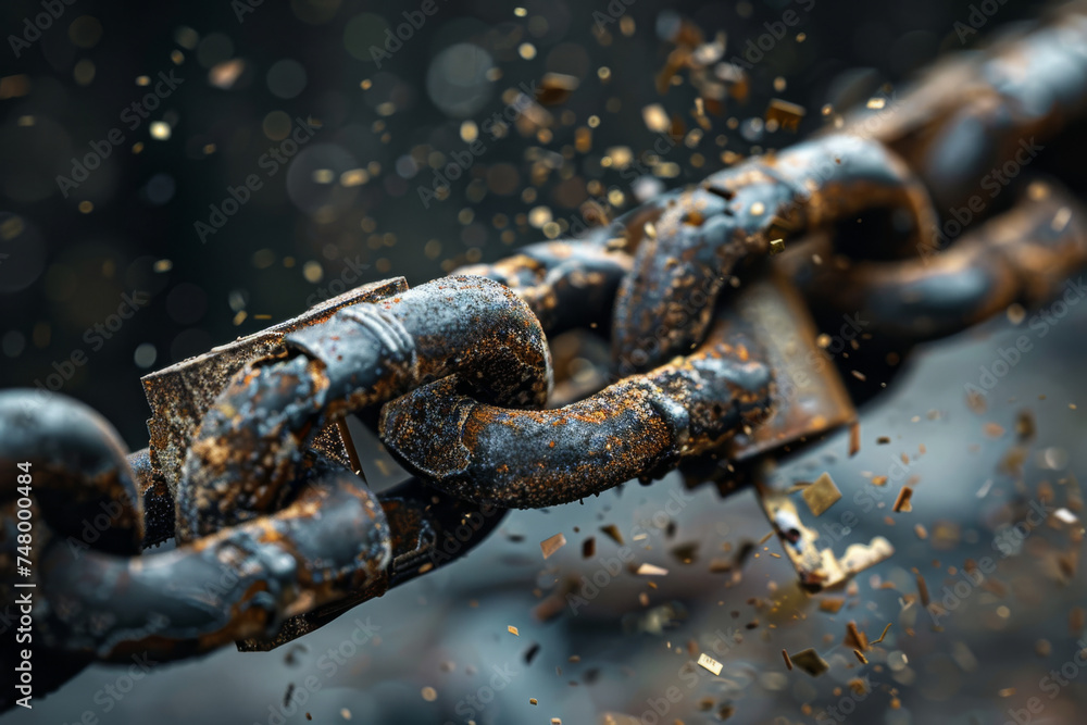 Poster a close up of a rusty chain with a broken link