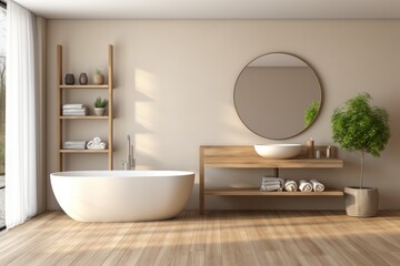 Fototapeta na wymiar Elegant bathroom with white and beige walls, basin, mirror, bathtub, shower, plants, parquet floor
