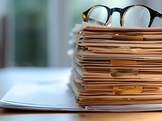 a stack of files with glasses on top