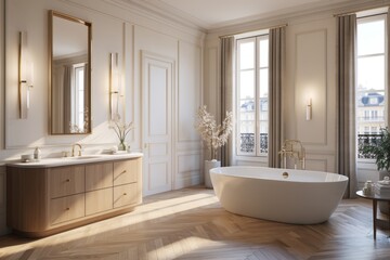 Elegant modern bathroom with white walls, oval mirror, basin, bathtub, shower, plants, parquet floor