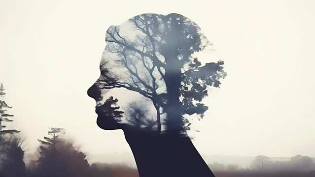 Double exposure of a silhouette of a man and a tree, symbolizing the unity of nature and humanity.
Concept: The connection between man and nature, psychology, philosophy, natural intuition.