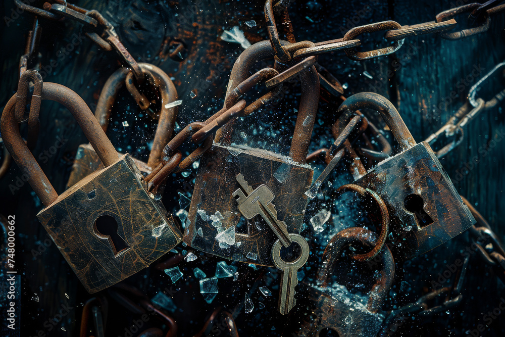 Poster a bunch of broken padlocks with keys on them