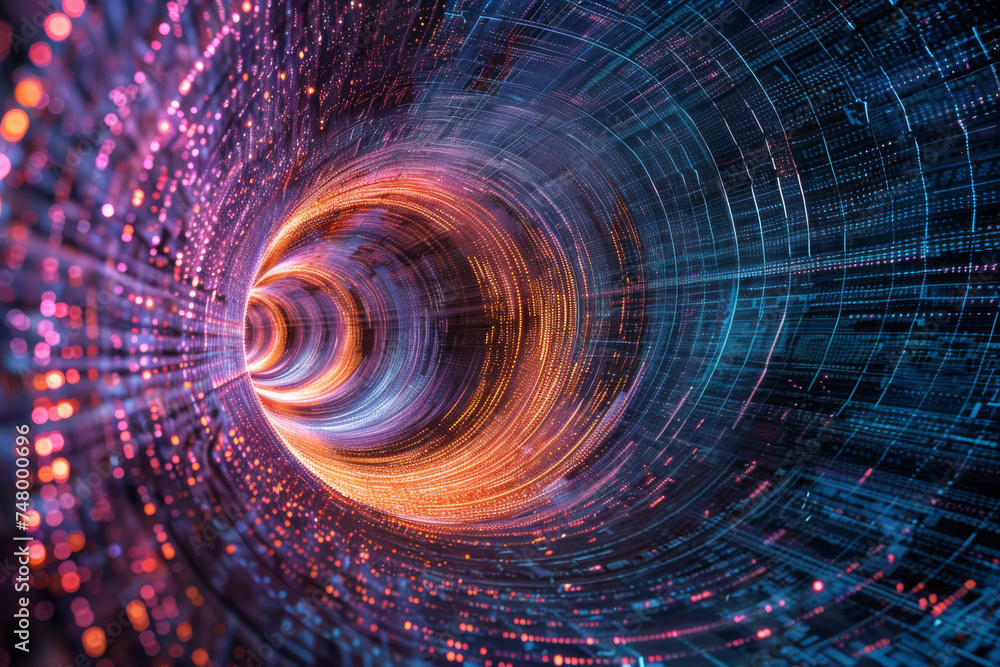 Poster a computer generated image of a tunnel filled with lots of lights