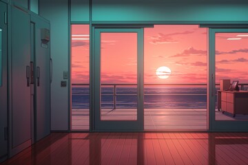 a room with a glass door and a balcony overlooking the ocean