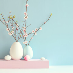 White vases with blooming spring branches and Easter eggs against light Blue Easter banner in minimalist style, copy space on right. Square spring background for Easter spring holiday greetings card.