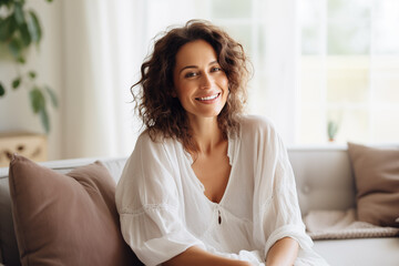 Obraz premium happy smiling middle aged woman at home