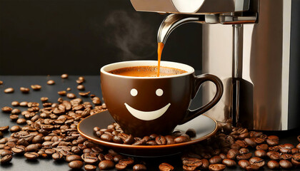 Closeup of a modern espresso machine pouring coffee into a brown cup with a smiling face, on a black table with many roasted coffee beans. Generative Ai.