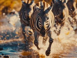 Fototapeta na wymiar A small herd of zebras running in the water of the river