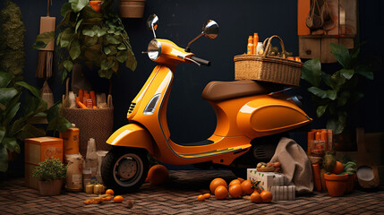 a yellow scooter with basket and oranges