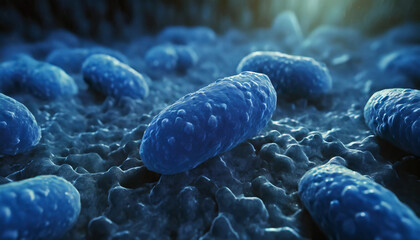 close up of 3d microscopic blue bacteria