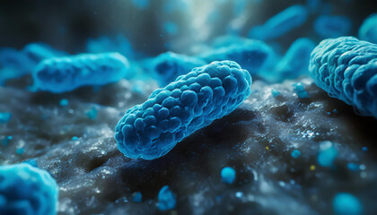 close up of 3d microscopic blue bacteria - obrazy, fototapety, plakaty