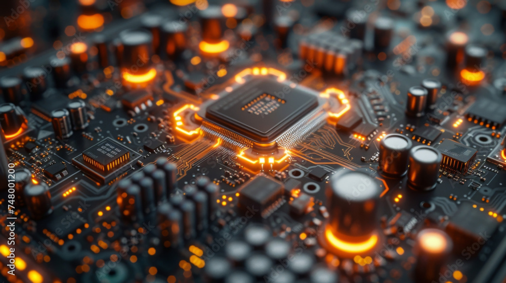 Poster an abstract representation of a holographic motherboard is shown with various holographic components
