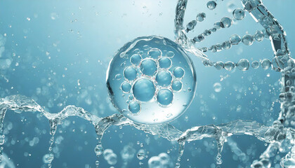 Liquid bubble, a molecule inside a liquid bubble against a background of splashing water DNA - obrazy, fototapety, plakaty
