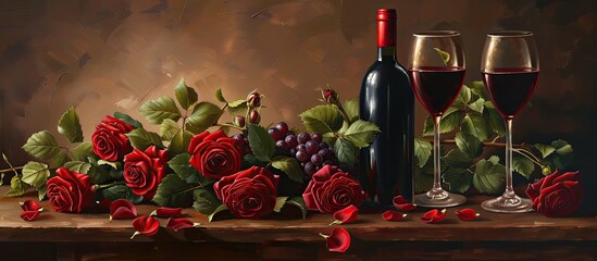 A painting featuring vibrant red roses and two glasses of red wine. The roses are in full bloom, providing a striking contrast to the deep red wine in the glasses. The composition exudes elegance and