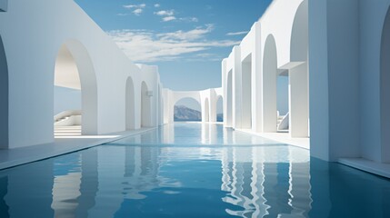 a pool with arches and a mountain in the background