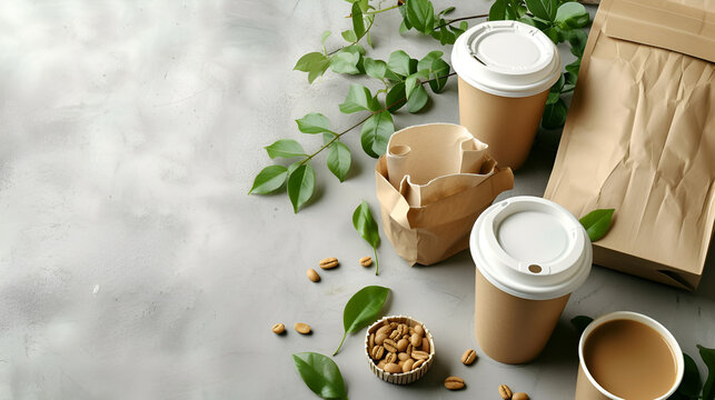 "Eco-friendly catering and street food packaging: paper cups, plates, and containers, along with cotton eco bags, on a gray background with space for text. Promoting nature conservation and recycling.