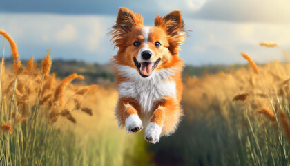 Dog jumping in the air, small orange fluffy dog on isolated backgroun, animals, pet, hungry, playing, puppy wanting food, puppy.