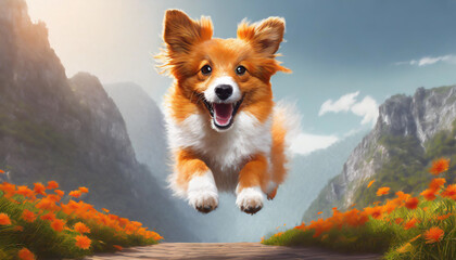 Dog jumping in the air, small orange fluffy dog on isolated backgroun, animals, pet, hungry, playing, puppy wanting food, puppy. - obrazy, fototapety, plakaty