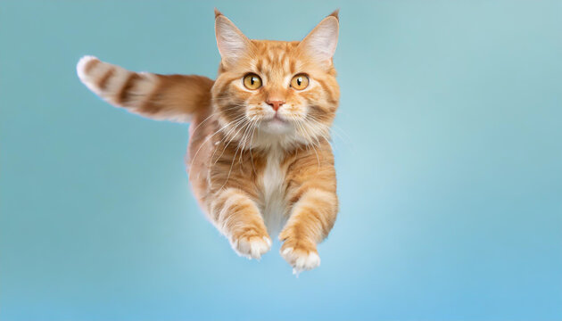 funny cat flying. photo of a playful tabby cat jumping mid-air looking at camera open mouth. background with copy space