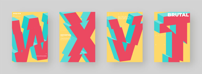 Abstract poster set, colorful cover design collection. Vertical A4 format. Refraction and distorted 3d letter. Chopped, cut, glitch, broken type composition.
