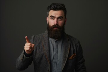 a man with a beard pointing his finger
