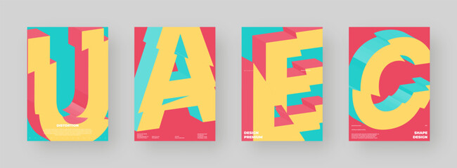 Abstract poster set, colorful cover design collection. Vertical A4 format. Refraction and distorted 3d letter. Chopped, cut, glitch, broken type composition.