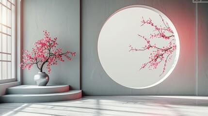 white background At the back there is a window with a Chinese circular pattern. surrounded by clouds decorated with red trees The classic beauty of the traditional Chinese style landscape