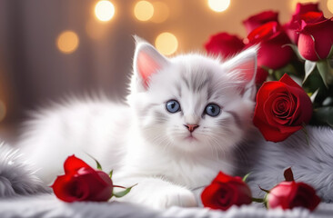 White and gray kitten with red roses on a white blanket.