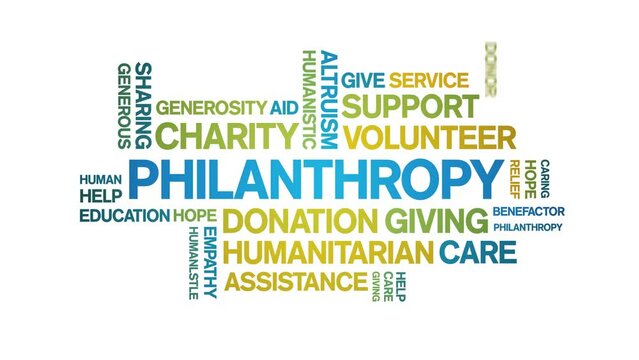Philanthropy animated tag word cloud;text design animation kinetic typography seamless loop.
