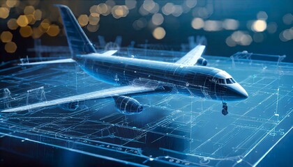 Futuristic holographic outline model of an aircraft. Cold tone wireframe of a plane. Polygonal model