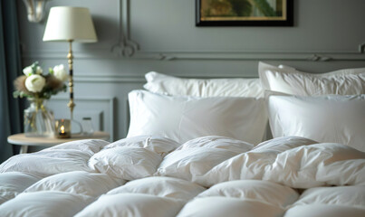 Clean and fresh bedding with white pillows on a design bed in the bedroom. Modern interior and clean household.