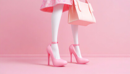 Plastic toy legs with high heels and little bag on pastel pink background. Minimal art pink poster.