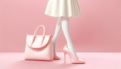 Plastic toy legs with high heels and little bag on pastel pink background. Minimal art pink poster.