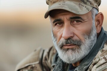 Obraz premium Portrait of a Military Veteran: A Reflection of Courage and Experience
