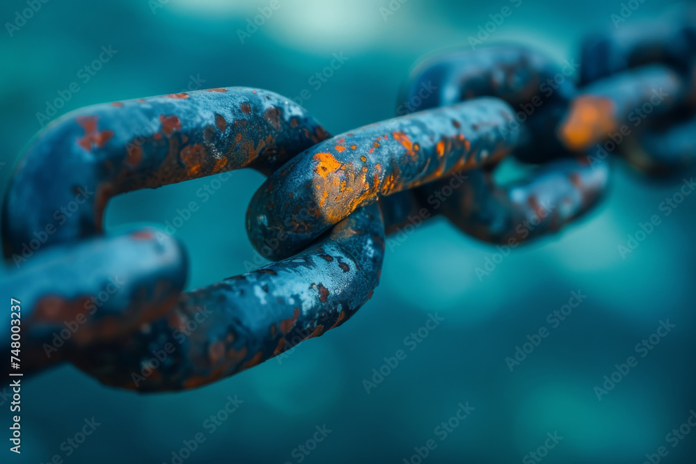 Poster a close up of a rusty chain with a blue background