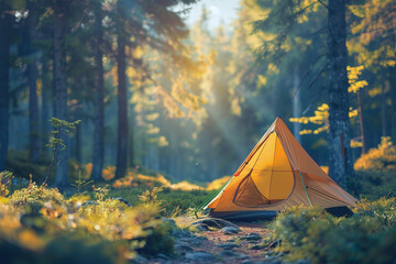 A serene camping background unfolds with a blurred forest backdrop and a tent nestled amidst the natural beauty