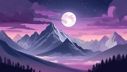 mountain landscape background with purple clouds and moon - obrazy, fototapety, plakaty