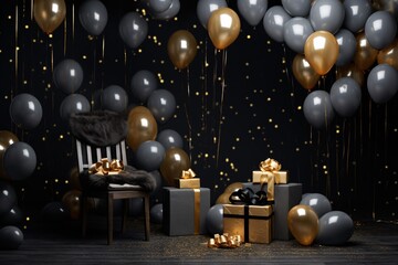 Fototapeta na wymiar a chair and balloons in a room