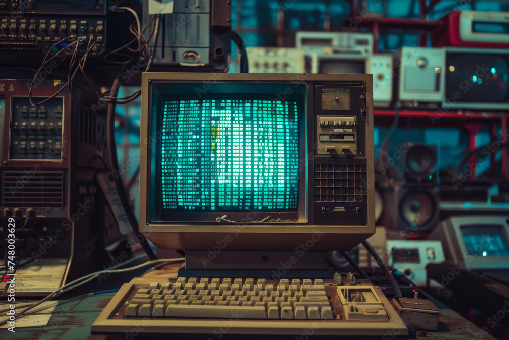 Poster an old computer with a keyboard and a blue screen