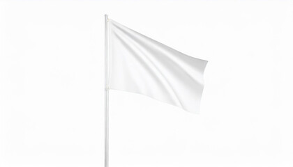3d rendering of white flag hanging on post and wavering on a white background.