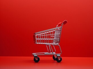 a small shopping cart on a red surface