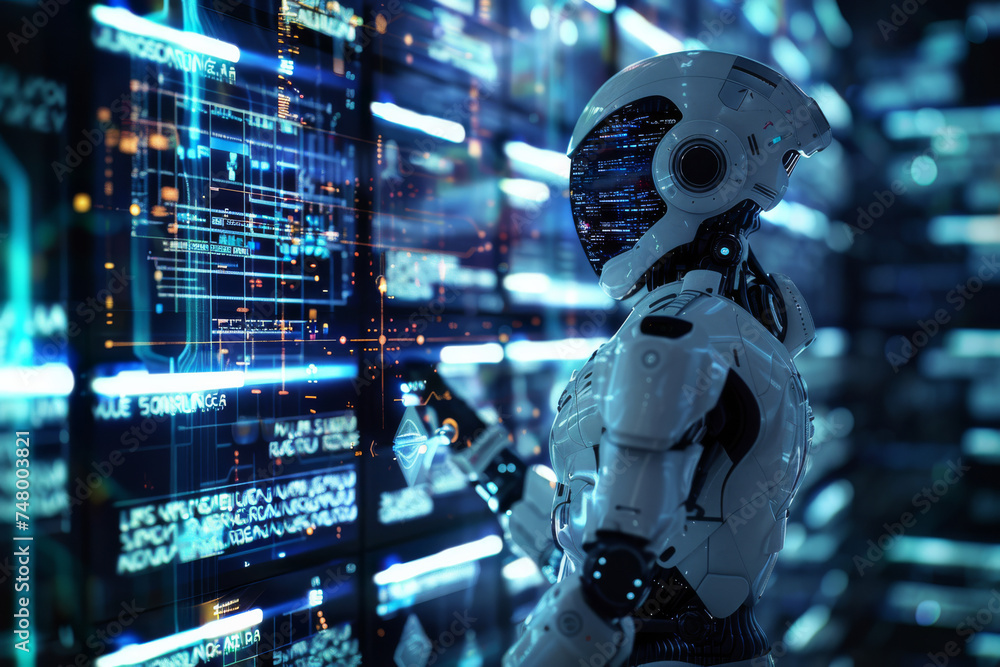 Poster a robot stands in front of a screen